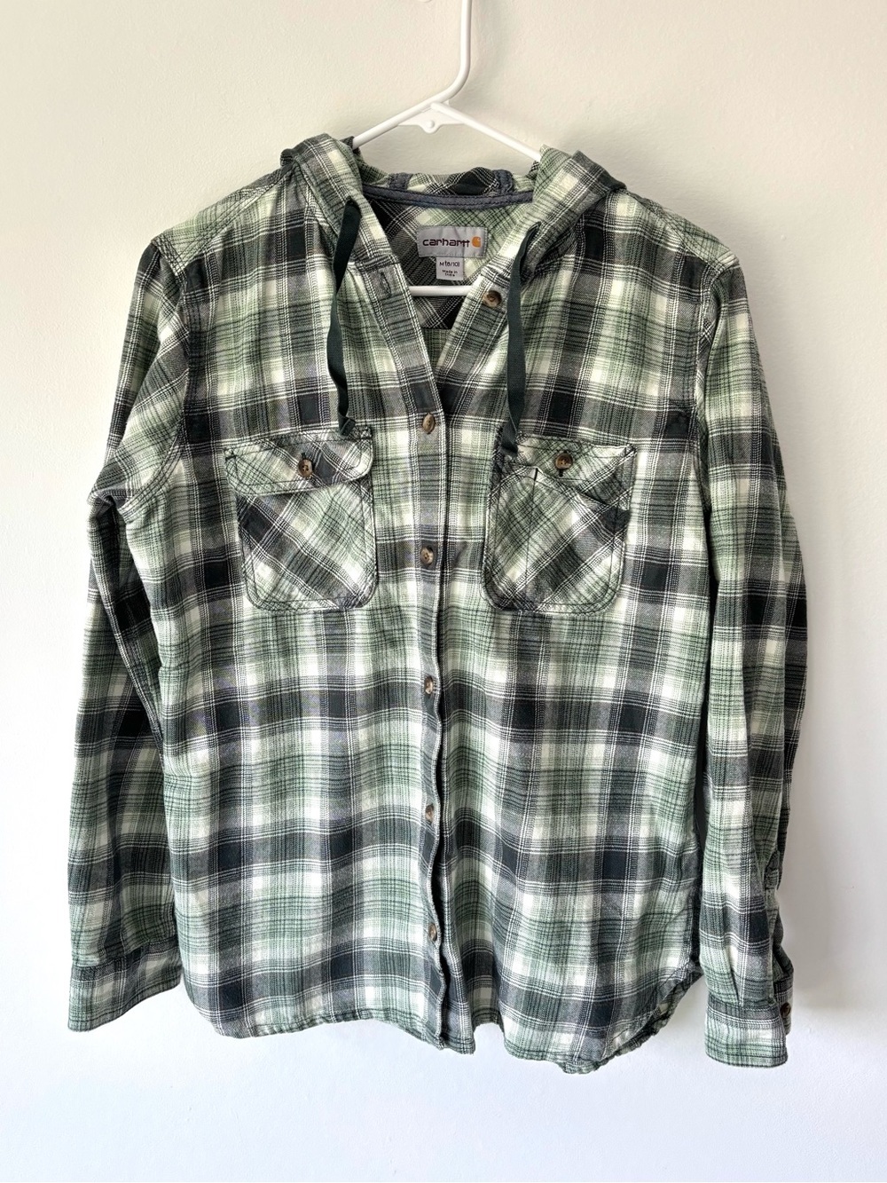 Carhartt Relaxed Fit Flannel Hooded Green White Plaid Button Front Shirt